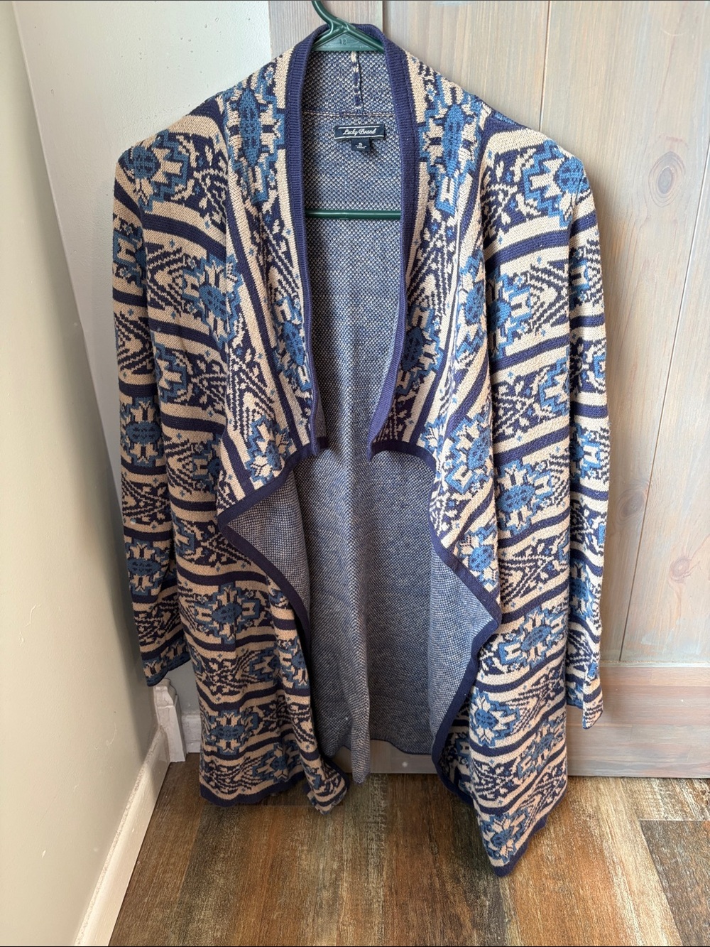 Lucky Brand Blue and Cream Open-Front Draped Cardigan